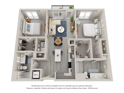 Floor plan for 2 beds, 2 baths, 1041 sqft